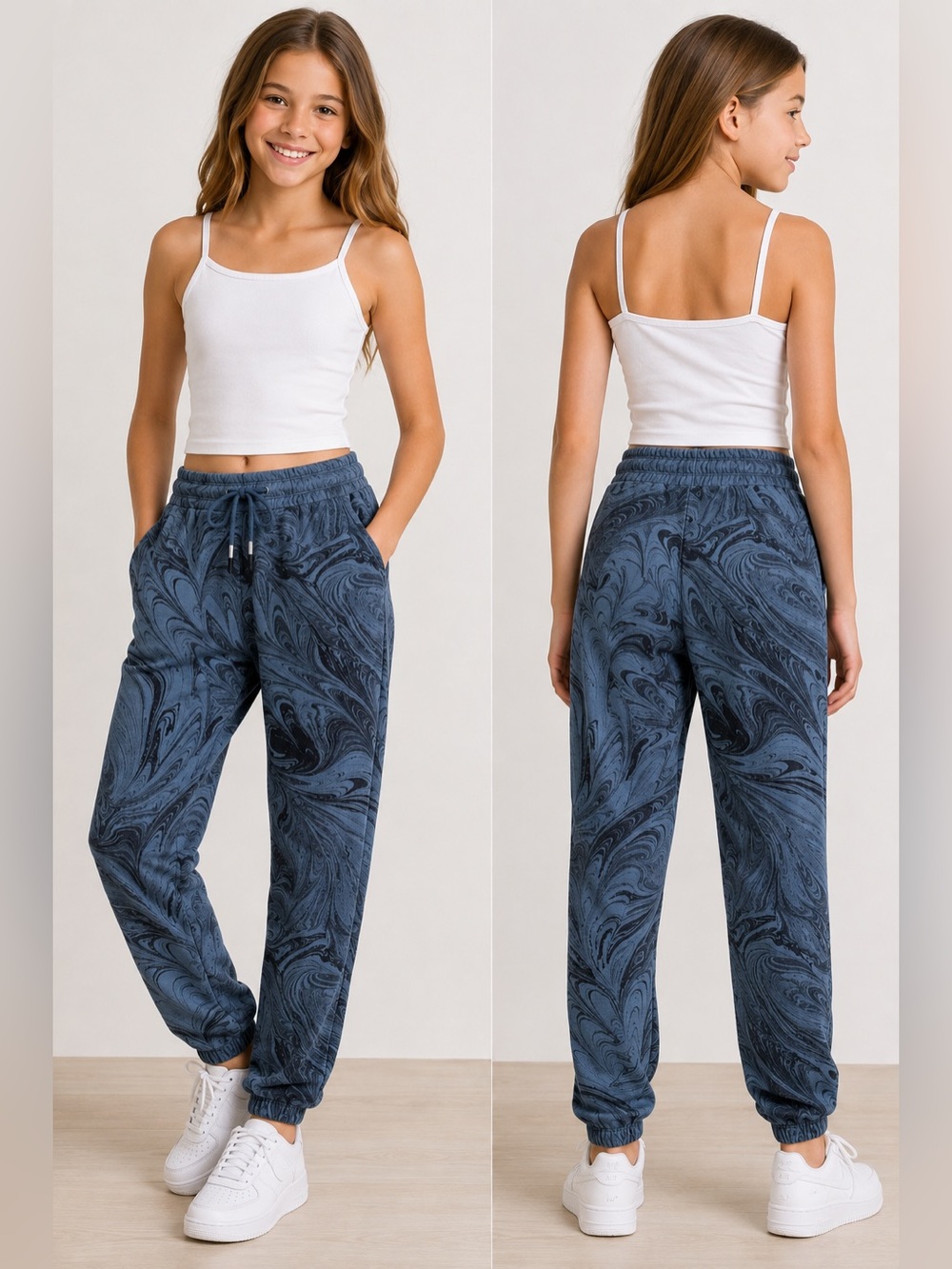 Athleta Girl Warm Up 2.0 Jogger Pants Blue Swirl Marble Print Youth L/12